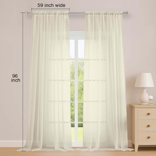 Cream Sheer Curtains 96 Inch Long 2 Panels for Living Room 59" Wide (Cream / 59"W x 96"L (Pack of 2))