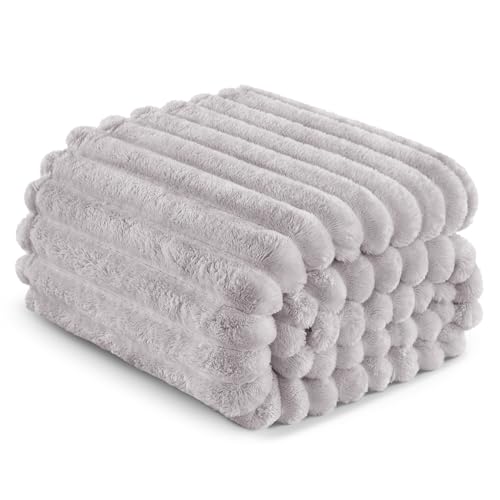 Striped Fleece Throw Blanket for Couch (Light Grey / Throw ( 50x60 IN ))