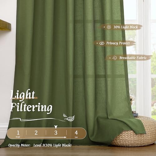 Light Filtering Linen Curtains 63 inches Long for Bedroom 2 Panels (Olive Green-1 / 52"W x 63"L (Pack of 2))