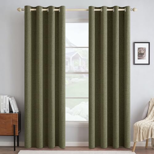 100% Blackout Linen Curtains for Bedroom 52x84 Light Olive Green (Light Olive Green / 52"W x 84"L (Pack of 2))