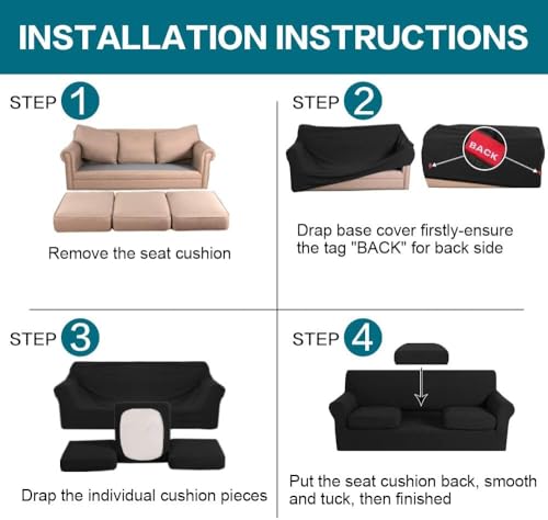 4 Piece Sofa Covers for 3 Cushion Couch Sofa Slipcover Soft Couch Cover for Dogs Washable Furniture Cover with 3 Individual Large Cushion Covers Feature Fabric (L Sofa (3 Cushion) / Black)