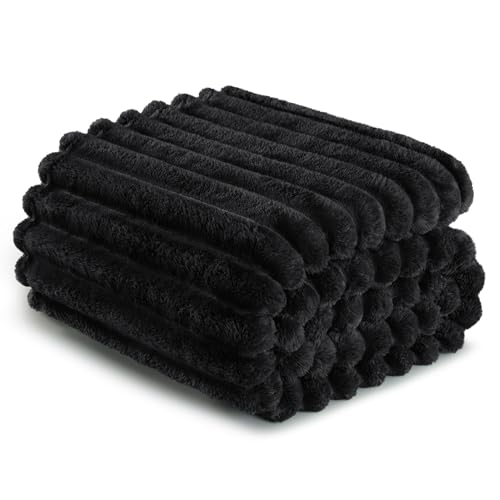 Striped Queen Size Fleece Blanket for Bed (Black / Queen ( 90x90 IN ))