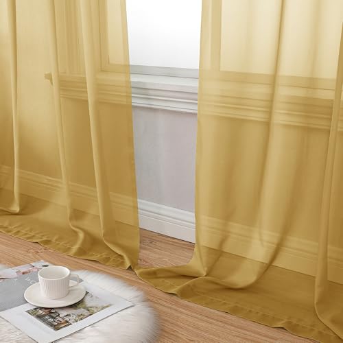Gold Sheer Curtain 90 Inches Long 2 Panels Set (42"W x 90"L (Pack of 2) / Gold)