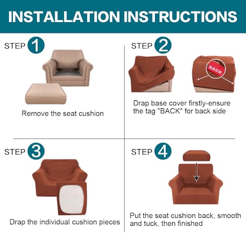 2 Piece Chair Covers Chair Slipcovers for Living Room Armchair Couch Cover Chair Sofa Cover with Individual Cushion Covers Furniture Cover for Chairs Feature Jacquard Fabric (Armchair (1 Cushion) / Rust)