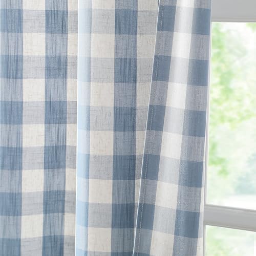 Short Beige Dusty Blue Buffalo Plaid Curtains 54 Inches Long (Dusty Blue/Beige / 40"W x 54"L (Pack of 2))