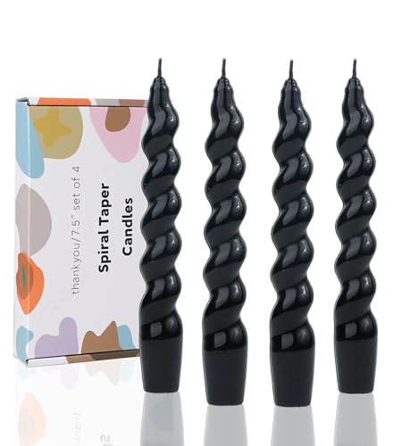 Black Spiral Taper Candles Handmade Candlestick Candles Wax Unscented Dinner Candle Dripless for Wedding (Black-7.6'')