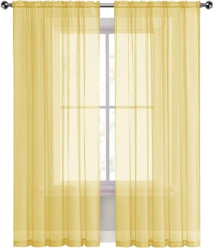 Sheer Voile Window Treatment Rod Pocket Curtain Panels for Kitchen Bedroom Living Room Drapes Sunlight Filtering Privacy Semi Home Decor Assorted Colors Sizes (Yellow / 52"W x 84"L (Pack of 2))