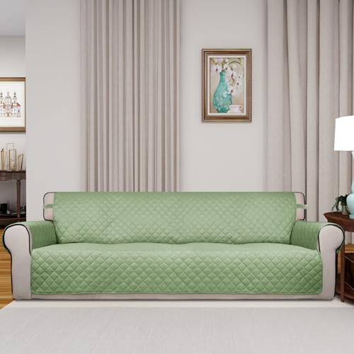Reversible Quilted Couch Covers for Dogs Sofa Cover 4 Seater 88" (XX-Large / Sage Green/Ivory)