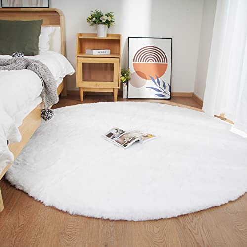 Faux Rabbit Fur Round Rug 6ft White Round Rugs for Bedroom Decor Fluffy Area Rugs for Living Room (White / 6' (Round))