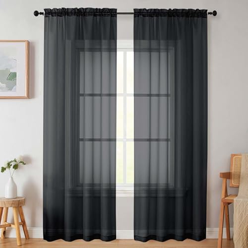 Sheer Black Curtains for Bedroom Living Room 90 Inches Long 2 Panels Set (Black / 42"W x 90"L (Pack of 2))
