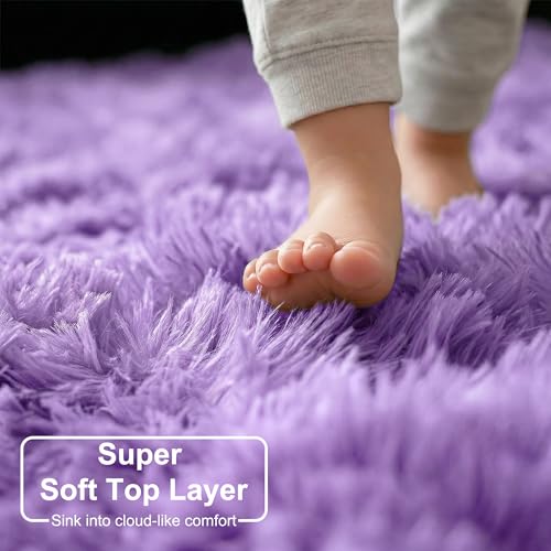 Purple Fluffy Round Kids Area Rug 5Ft for Girls Bedroom Nursery (Purple / 5' (Round))