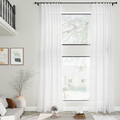 White Linen Extra Long Curtains 121 Inches Long 2 Panels Set Back Tab Curtains for Living Room Farmhouse Light Filtering Semi Sheer Linen Drapes Ceiling to Floor for Large Window 52x121 (52"W x 121"L (Pack of 2) / White)