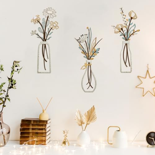 3 Pieces Metal Flowers Wall Art (Beige Gold)