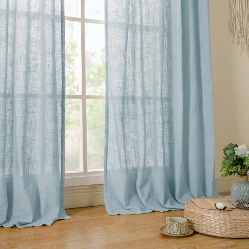 Linen Curtains 48 Inch Length Semi Sheer Light Filtering 2 Panels (Stone Blue / 34"W x 48"L (Pack of 2))