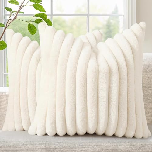 Fall Faux Fur Throw Pillow Covers 12x12 Set of 2 Cream White (Cream White / 12" x 12" (Pack of 2))