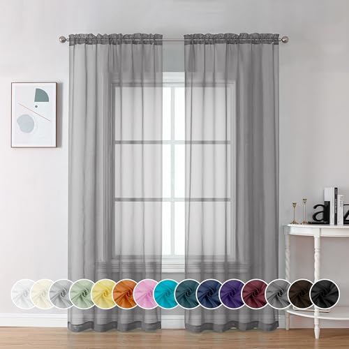Sheer Curtains 84 inches Long 2 Panels (Charcoal Grey / 42"W x 84"L (Pack of 2))