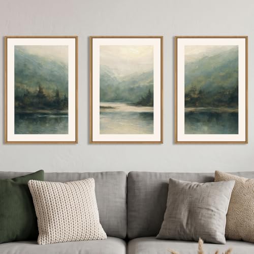 Watercolor Green Forest Mountain Framed Canvas Wall Art (Watercolor Landscape Wall Art / 24"Lx36"W)