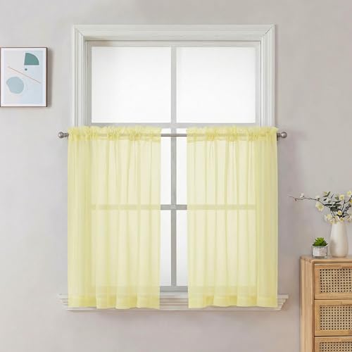 Sheer Curtains 36 inch Length 2 Panels Set (Light Yellow / 42"W x 36"L (Pack of 2))