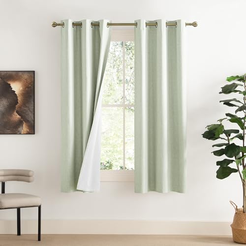 Sage Green 100% Blackout Linen Texture Curtains 70 inches Long 2 Panels for Boy's Room (34"W x 70"L (Pack of 2) / Sage Green)