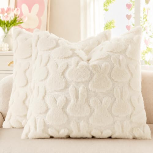 Beige Faux Fur Bunny Throw Pillow Covers 18x18 Set of 2 (18" x 18" (Pack of 2) / Rabbits Beige)