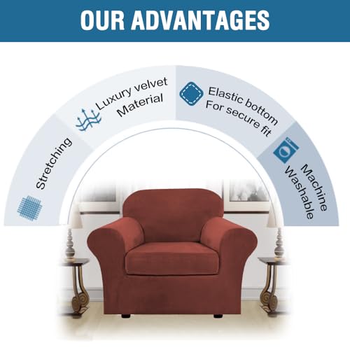 Rich Polyester and Spandex 2 Piece Cover Chair Slipcover Sofa Cover Furniture Protector Couch Soft with Elastic Bottom Chair Couch Cover with Arms (1 Cushion Chair / Rust)