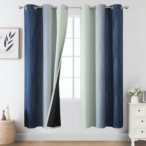Sage Green and Navy Blue Ombre Blackout Curtains for Living Room 72 Inch (Navy Blue and Sage Green / 42"W x 72"L (Pack of 2))