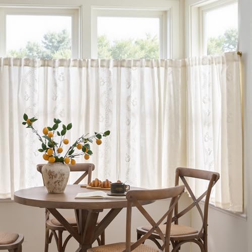 White Floral Linen Kitchen Tier Curtains 50x45 Inch 2 Panels (A| Off White / 50"W x 45"L (Pack of 2))