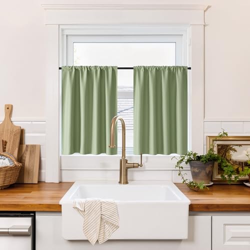 100% Blackout Basement Curtains 30 inches Long (100% Blackout - Sage Green / 34"W x 30"L (Pack of 2))