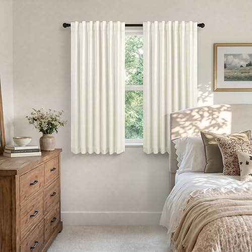 Short Blackout Curtains for Bedroom 45 Inch Length 2 Panels Faux Linen Cream Colored Cute Cottage Core Cafe Kitchen Bathroom Curtains for 42 Inch Small Window Heat Blocking Thermal Insulated Back Tab (Natural / 52"W x 45"L (Pack of 2))