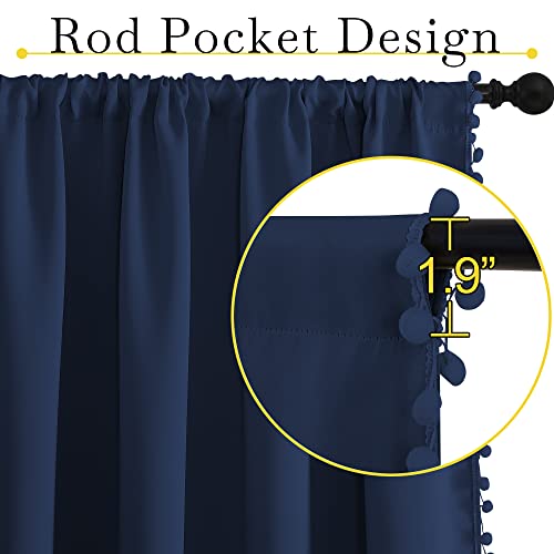 Navy Blue Blackout Curtains with Pompoms (Midnight Blue / 52"W x 84"L (Pack of 2))