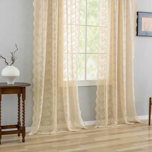 Vintage Lace Curtains 84 Inches Long (Beige / 52"W x 84"L (Pack of 2))