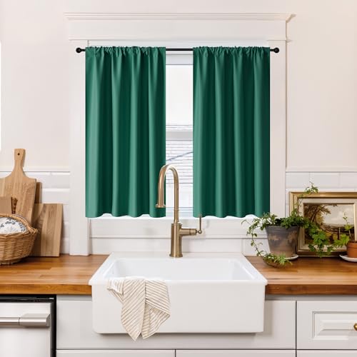 100% Blackout Short Curtains for Small Window (100% Blackout - Dark Green / 34"W x 45"L (Pack of 2))