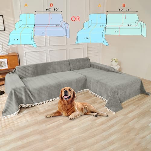 Couch Slipcovers for Sofas Dark Grey Couch Cover Sofa Cover for Dogs Boho Pet Couch Protector with Tassel Chenille Herringbone Couch Cover for 2 3 Seat Washable Pet Friendly (91" x 134" / Tassel Ball: Dark Grey)