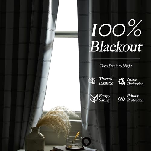 Farmhouse 100% Blackout White Kitchen Buffalo Plaid Curtains (26"W x 36"L (Pack of 2) / Grid Pattern | White & White)