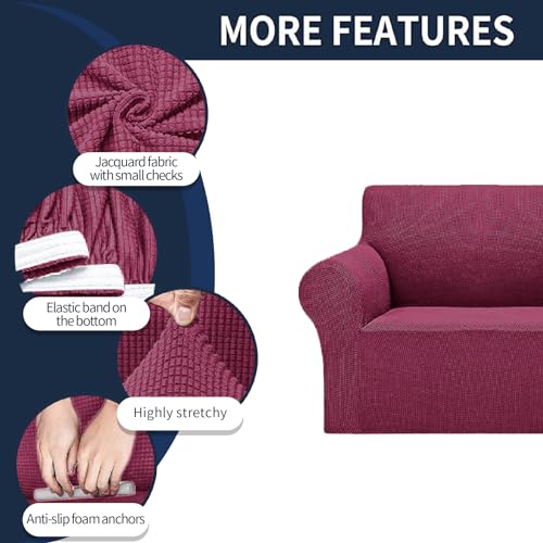2026 New Stretch Sofa Slipcovers Couch Cover for 3 Cushion Furniture Protector Sofa Covers with Elastic Bottom Jacquard Fabric Small Checks for Pets (Wine / Sofa)