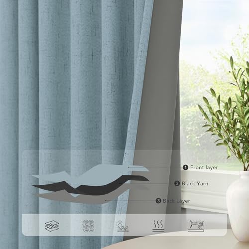 Light Blue Curtains for Bedroom 63 Inch Length 2 Panels Neutral Linen Textured Full Blackout Room Darkening Noise Reducing Curtain for Bay Window Kids Room Boys Nursery Dusty Slate Stone Blue 63 Long (Stone Blue / 52"W x 63"L (Pack of 2))