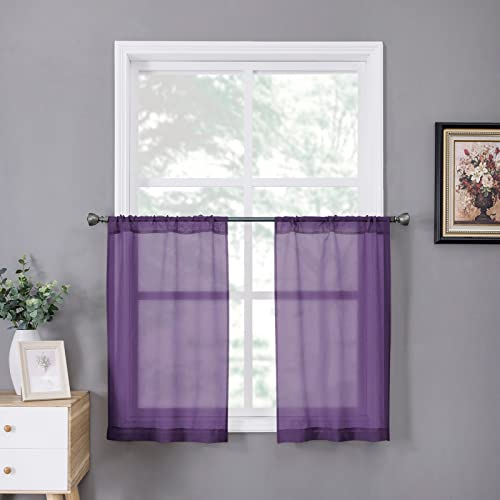 Sheer Tier Curtain Linen Textured Half Kitchen Curtains Sheer Light Filtering Rod Pocket Voile Small Curtains for Bathroom (25"W x 36"L (Pack of 2) / Royal Purple)