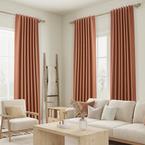 Terracotta 100% Blackout Curtains 90 Inch Length 2 Panels Set Fall Curtains for Living Room Bedroom Back Tab Thermal Insulated Black Out Linen Drapes (Terracotta / 52"W x 90"L (Pack of 2))