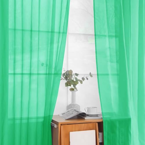 Solid Sheer Rod Pocket Curtain Voile Draperies 2 Panels White Beige Black Grey Ivory 52 Inch Width 96 Inch Long 1 Pair for Kitchen Bedroom Children Living Room Yard (Grass Green / 52"W x 96"L (Pack of 2))