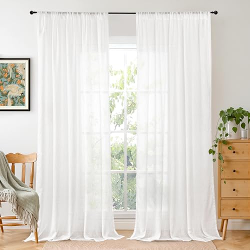 White Linen Curtains 102 Inches Long for Living Room (White / 52"W x 102"L (Pack of 2))