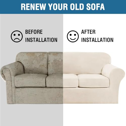 High Stretch Sofa Slipcover 4 Piece Cover Velvet Furniture Protector Form Fit Thick Velvet Extra Large Sofa Cover for 3 Cushion Couch Width Up to 97 Inch (3 Cushion Large Sofa / Cream)