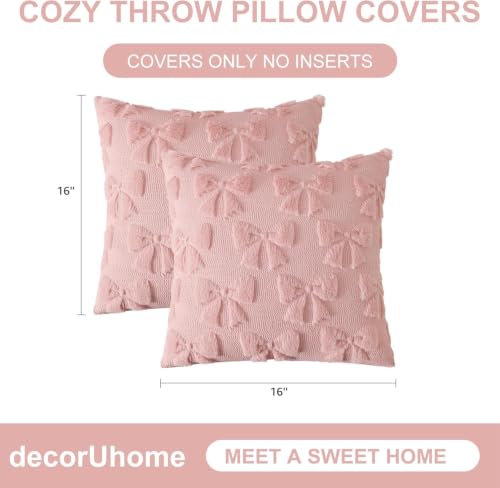 Pink Bow Cute Girl Faux Fur Throw Pillow Covers 16x16 Set of 2 (Pink Bow / 16" x 16" (Pack of 2))