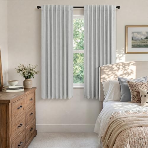 63 Inch Length Curtains for Living Room Black Out 2 Panel Faux Linen Rustic Country Farmhouse Style Room Darkening Light Gray Blackout Curtains for Bedroom Dove Grey 52 x 63 Inches Long (Light Grey / 52"W x 63"L (Pack of 2))