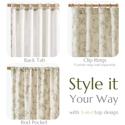 Green Floral Linen Curtains Lined 84 Inch Vintage Back Tab 2 Panels (Charlotte Sage Green / 50"W x 84"L (Pack of 2))