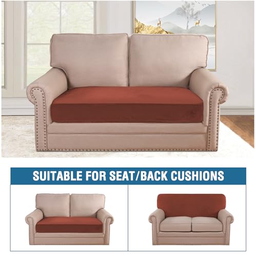Velvet Stretch Individual Couch Cushion Cover Plush Slipcover for Loveseat Sofa Furniture Protector Seat Cover (Rust / 1 Cushion Loveseat)