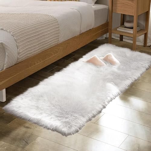 White Faux Sheepskin Fur Machine Washable Runner Area Rugs for Bedroom Living Room 2x6 Shag Rugs for Hallways Room Décor (2' x 6' (Runner) / White)