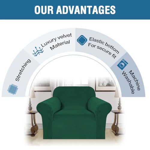 Stretch Velvet Armchair Cover Couch Covers 1 Cushion Chair Slipcover for Living Room Furniture Cover Crafted from Thick Comfy Rich Velour (Christmas Green / Armchair)