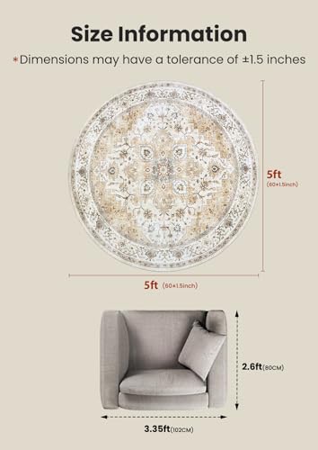 Amada Round 5x5 Washable Area Rug for Living Room (5' (Round) / Distressed Beige/Cream)