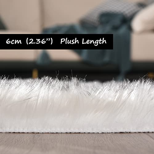 Faux Sheepskin Fur Rug Fluffy Fuzzy Furry Rug for Bedroom Dorm 2x3 Bedside White with Grey Tips Living Room Decor Small Plush Carpet Shaggy Washable Rectangle (2' x 3' (Rectangular) / White and Grey Tips)