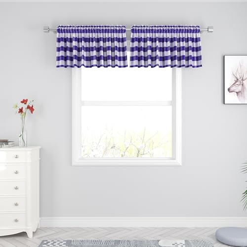 2 Pieces Valences Buffalo Check Kitchen Tier Curtains Classic Plaid Gingham Farmhouse Window Curtain Valance Living Room Bedroom Rod Pocket Purple & White 56"x 16" (56"W x 16"L (Pack of 2) / Dark Purple+white)